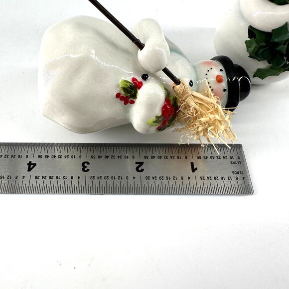 Ceramic Retro Snowmen Salt and Pepper Set - Wreath, Top Hat, & Broom 4 inch - Picture 3 of 8